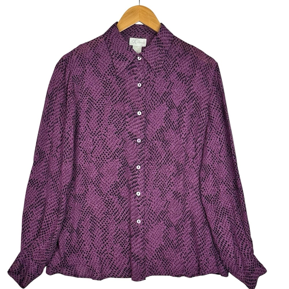 K‎ Arnold Silk Blouse Womens M Purple Snakeskin Print Button Front Long Sleeve